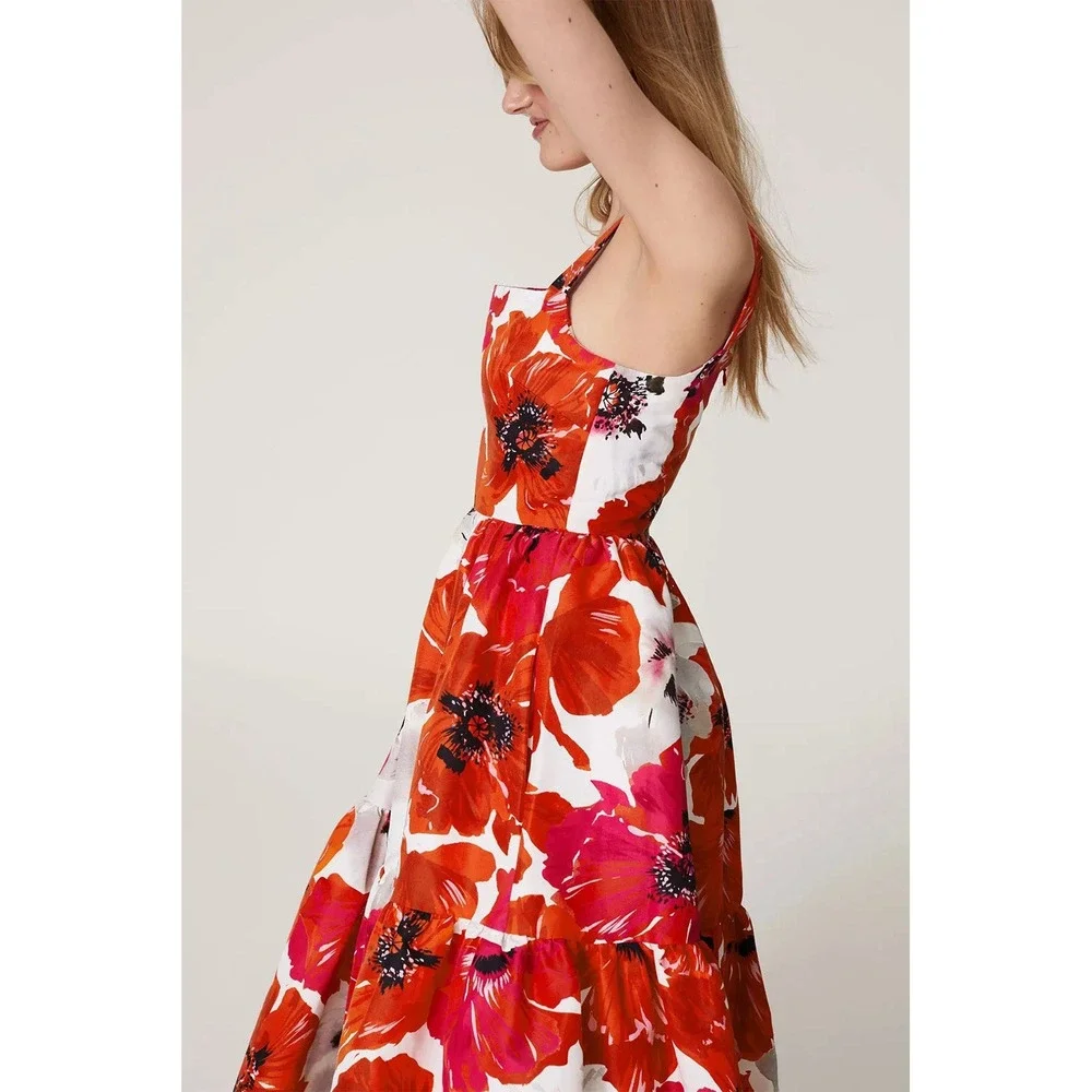 Tanya Taylor Gia Dress Size 2 Red Floral Midi Silk Blend Fit Flare Sundress $545 - Picture 12 of 13